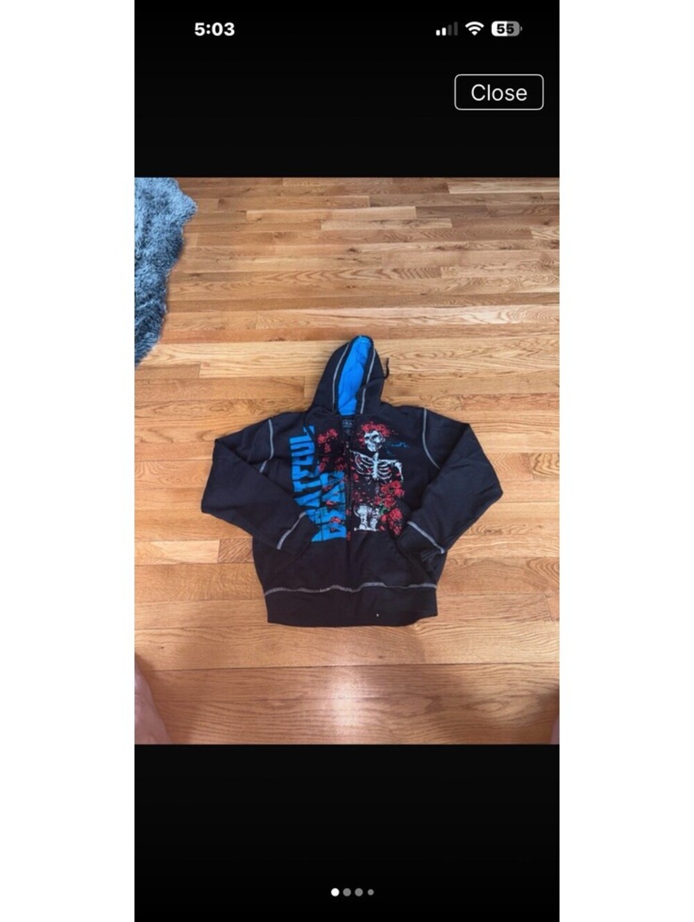 Grateful Dead Original Black Hoodie Medium Skeleton Rose Graphic Blue Lining